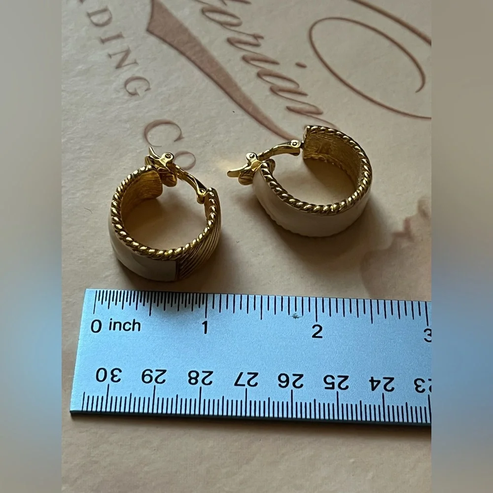 Trifari Gold and Cream Hoop Earrings - Picture 4 of 6